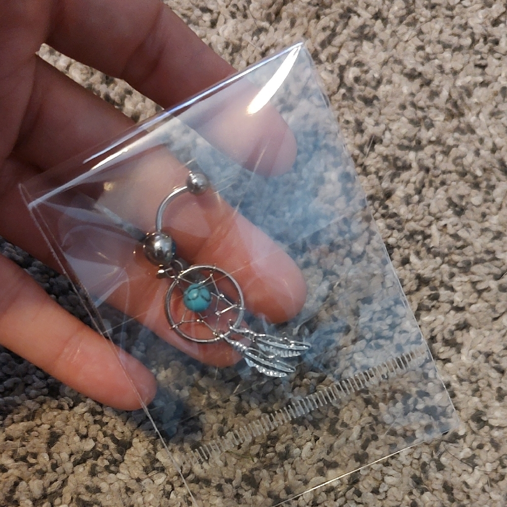 Silver Dreamcatcher Belly Ring with Turquoise Accent
